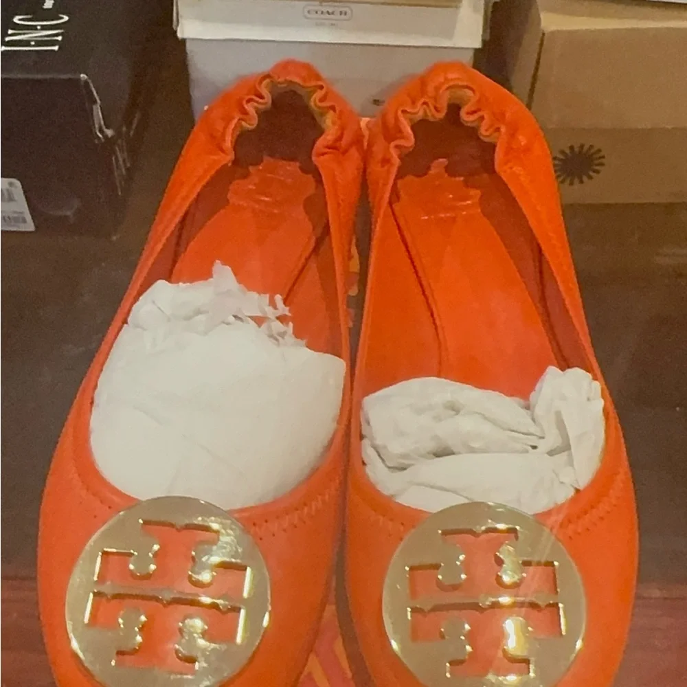 Tory Burch Bright Orange Reva Ballet Flats with Gold Logo